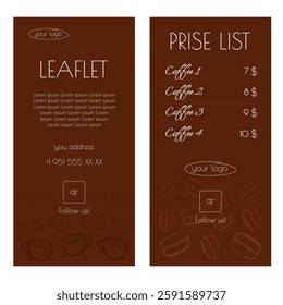 advertisement for a cafe and coffee shop, brown brochure, universal flyer for business, modern price list