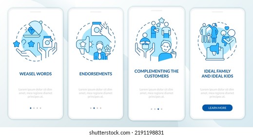Advertisement campaign elements blue onboarding mobile app screen. Walkthrough 4 steps editable graphic instructions with linear concepts. UI, UX, GUI template. Myriad Pro-Bold, Regular fonts used