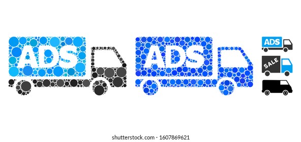 Advertisement car composition of spheric dots in various sizes and color tinges, based on advertisement car icon. Vector dots are organized into blue composition.