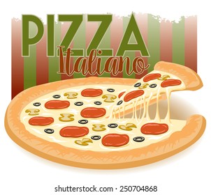 advertisement for a cheesy italian pizza with a slice being taken
