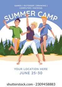 advertisement of a children's summer camp. Three boys jumping on the background of a mountain forest. Vector flat 
