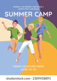 advertisement of a children's summer camp. Three boys jumping on the background of a color shapes. Vector flat illustration.