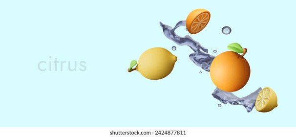 Advertisement of citrus fruits and drinks. 3D jets of clear water, orange, lemon