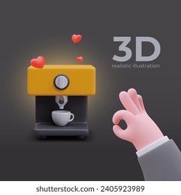 Advertisement of coffee machine. Realistic hand showing approval sign, OK. Choice of buyers. Best model gets likes. Concept on black background with 3D illustration and text