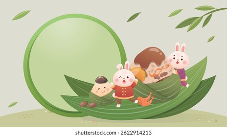 Advertisement or commercial template of cute rabbit mascot, Chinese Dragon Boat Festival and glutinous rice food Zongzi