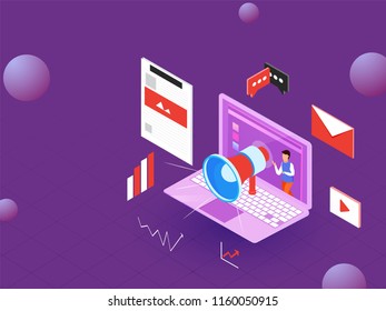 Diseño isométrico basado en el concepto de publicidad con megáfono con portátil, medios sociales y elementos infográficos sobre fondo abstracto.