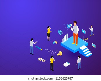 Advertisement concept isometric design, man holding megaphone for announcement, business people or employee analysis financial data with infographic elements on shiny blue background.