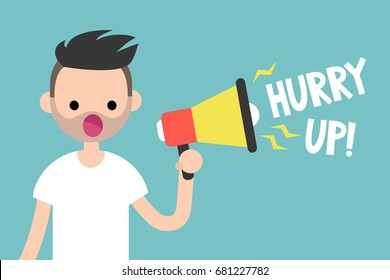 Advertisement conceptual illustration. Young character speaking through megaphone / flat editable vector illustration, clip art