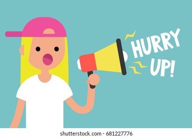 Advertisement conceptual illustration. Young female character speaking through megaphone / flat editable vector illustration, clip art