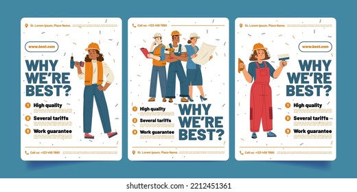 Anuncio de empresa de construcción con preguntas ¿Por qué somos mejores? Banners de promoción con constructores de personas, artesanos, arquitectos e ingenieros, ilustraciones dibujadas a mano por vectores