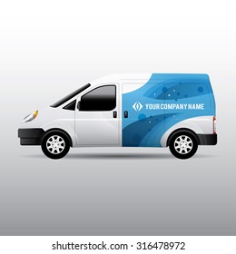 Advertisement or corporate identity design template on white van. For business, branding and advertising companies.