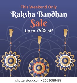 Advertisement design features a festive Raksha Bandhan theme with decorative Rakhis. Bold text at the top highlights a weekend sale offers discounts up to 75% off. Vector Illustration.