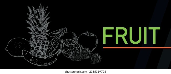 advertisement design for sale of fruits with black background, illustration of fruits in gray and green text, horizontal format