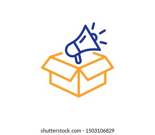 Advertisement device symbol. Megaphone box line icon. Brand ambassador sign. Colorful outline concept. Blue and orange thin line megaphone box icon. Vector