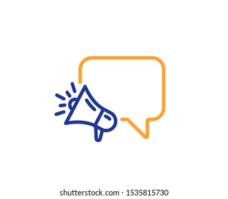 Advertisement device symbol. Megaphone line icon. Brand ambassador speech bubble sign. Colorful outline concept. Blue and orange thin line megaphone icon. Vector