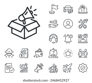 Advertisement device symbol. Salaryman, gender equality and alert bell outline icons. Megaphone box line icon. Brand ambassador sign. Megaphone box line sign. Spy or profile placeholder icon. Vector