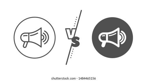 Advertisement device symbol. Versus concept. Megaphone line icon. Communication sign. Line vs classic megaphone icon. Vector