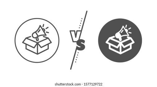 Advertisement device symbol. Versus concept. Megaphone box line icon. Brand ambassador sign. Line vs classic megaphone box icon. Vector