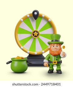 Advertisement of event in online game. 3D leprechaun stands with treasure near wheel of fortune