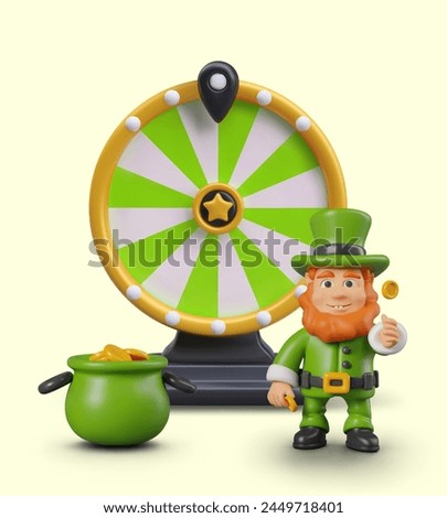 Advertisement of event in online game. 3D leprechaun stands with treasure near wheel of fortune