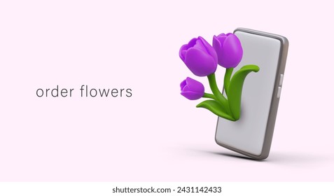 Advertisement of flower delivery service application. Realistic smartphone, purple tulips