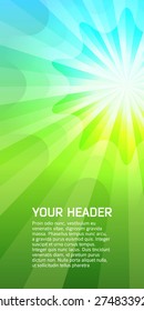 Advertisement flyer design elements. Blue green background with elegant graphic sun star bright light rays from. Vector illustration EPS 10 for template brochure, layout leaflet, newsletters