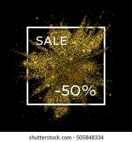 Advertisement in a frame template. Red and pink dust cloud explosion dark background with white square. Glittering powder banner with space for text.