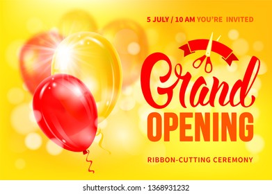 Advertisement of Grand Opening and ribbon cutting ceremony. Unusual design with calligraphy inscription, red ribbon and scissors. Balloons create a festive atmosphere. Vector illustration.