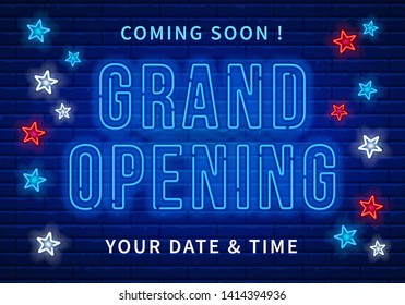 Advertisement of Grand Opening and ribbon cutting ceremony. Unusual festive design with inscription by neon letters, decorated with neon stars on the brick wall background. Vector illustration.