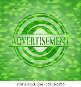 Advertisement green emblem with triangle mosaic background