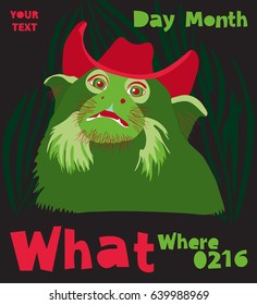 Advertisement with a green monkey in a red cowboy hat and lettering