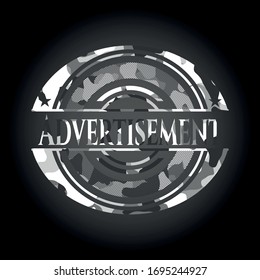 Advertisement grey camo emblem. Vector Illustration.