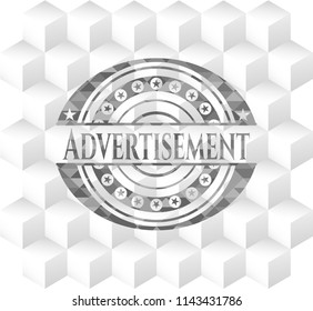 Advertisement grey emblem with geometric cube white background