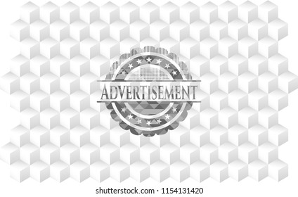 Advertisement grey emblem with geometric cube white background