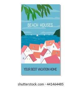 Advertisement horizontal brochure template. Element for creative banner, flyer, newsletter. Beach houses for best vacation. Design for rental leaflet background. Vector illustration.