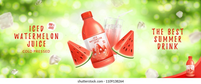 Advertisement with iced watermelon juice. Vector illustration with falling realistic bottle, watermelon slices, glass and ice cubes on bokeh background.