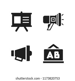 advertisement icon. 4 advertisement vector icons set. theatre billboard with shows info, megaphone and chalkboard icons for web and design about advertisement theme