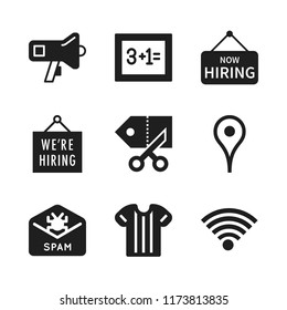 advertisement icon. 9 advertisement vector icons set. megaphone, hiring sign and placeholder icons for web and design about advertisement theme