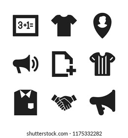 advertisement icon. 9 advertisement vector icons set. sport shirt, two businessmen hands salutation and speaker symbol of voice volume icons for web and design about advertisement theme