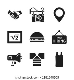 advertisement icon. 9 advertisement vector icons set. hands salutation of two businessmen, shirt and blackboard icons for web and design about advertisement theme