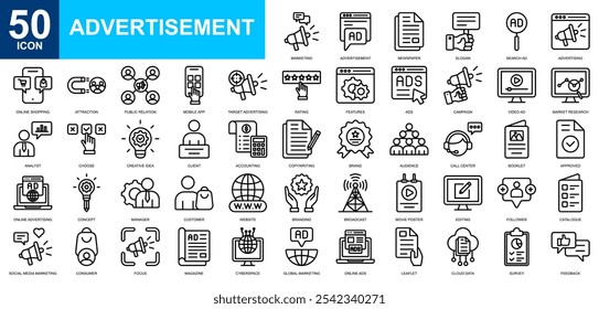 Advertisement icon collection set. Advertising, market research, marketing, online shopping, website, copywriting, campaign icon. Simple line vector.	