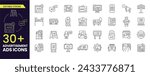 Advertisement icon. Editable Stroke icon contains Digital Marketing, Billboard ads, online ads and bus ads. Stroke icon collection Outline icon