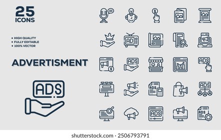 Advertisement icon. Editable Stroke icon contains Digital Marketing, Billboard ads, online ads and bus ads. Stroke icon collection Outline icon