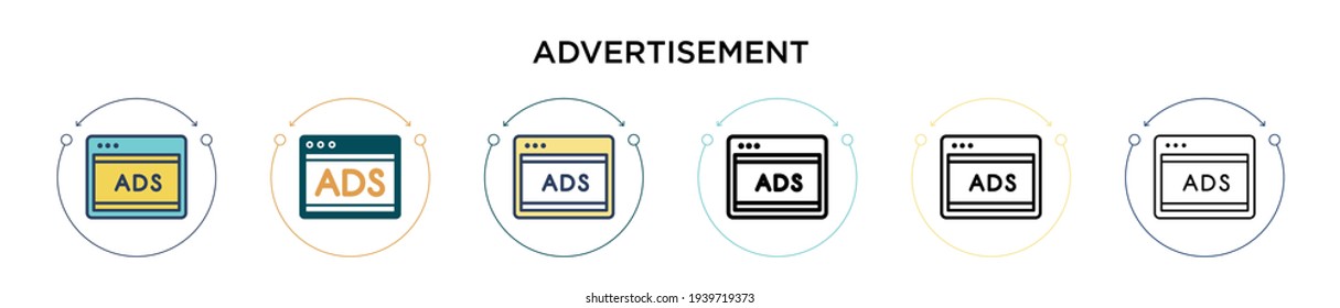 Advertisement icon in filled, thin line, outline and stroke style. Vector illustration of two colored and black advertisement vector icons designs can be used for mobile, ui, web