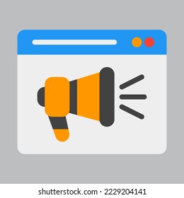 Icono de publicidad en estilo plano sobre el navegador, uso para presentación de aplicaciones móviles del sitio web