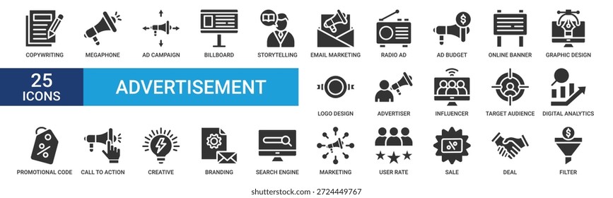 Advertisement icon set. Containing copywriting, megaphone, ad campaign, billboard, storytelling, email marketing, and more. Glyph vector icons collection.