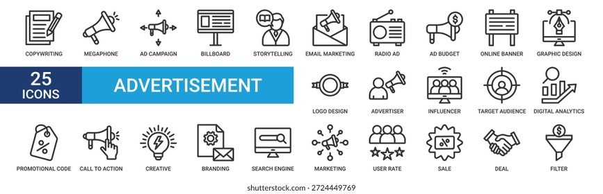 Advertisement icon set. Containing copywriting, megaphone, ad campaign, billboard, storytelling, email marketing, and more. Outline vector icons collection.