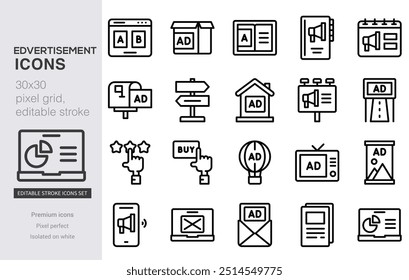 Icono de anuncio. Conjunto de iconos de línea de marketing digital. Gestión, SEO, target, anuncio, analítica, etc.