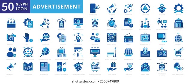 Advertisement icon set with product, business, network, internet, drawing, advertising, spotlight, discount, company, branding, service, employees, attention, email marketing, and product placement
