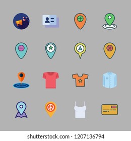 advertisement icon set. vector set about shirt, megaphone, placeholder and business card icons set.